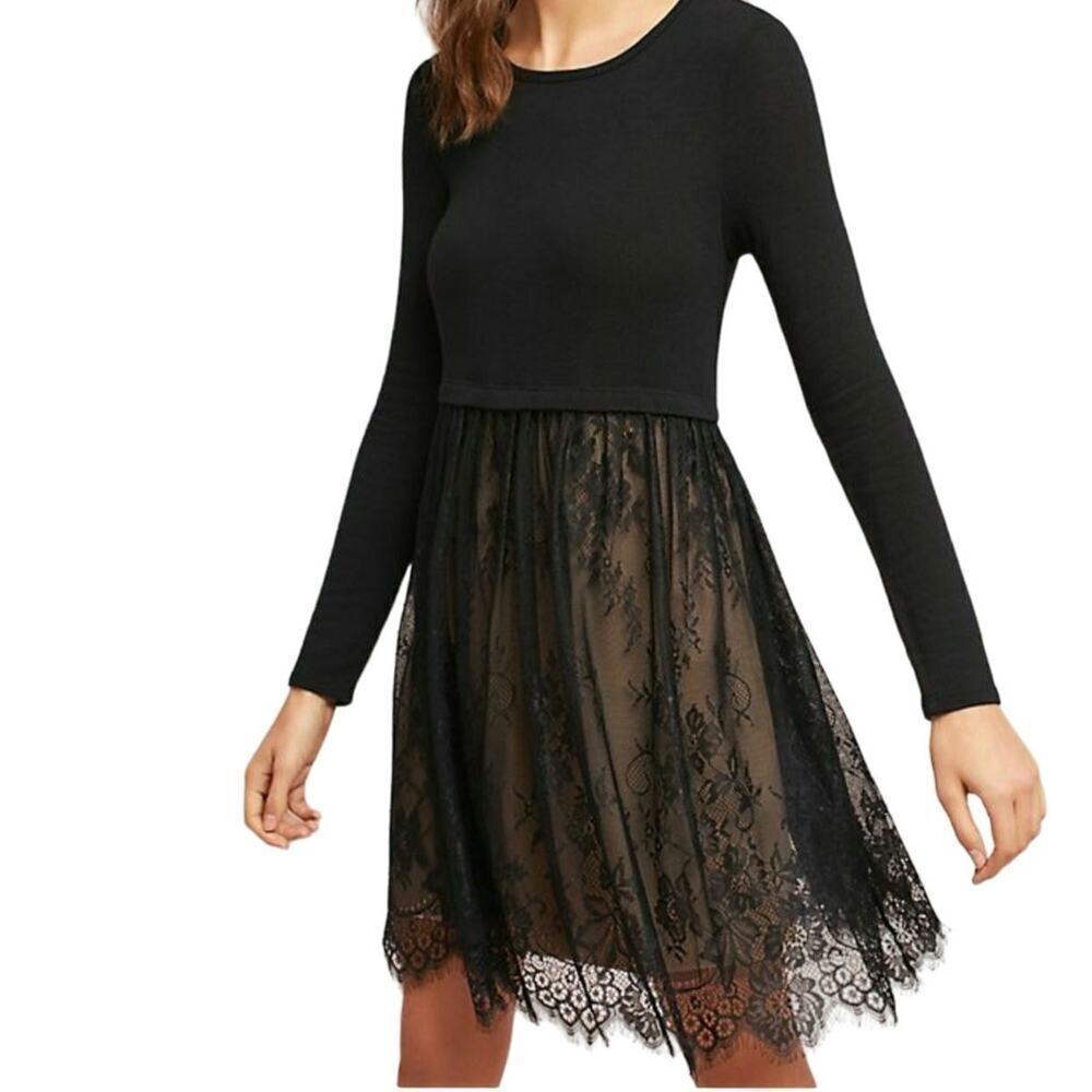 Women's Black Long Sleeve Lace Skater Dress